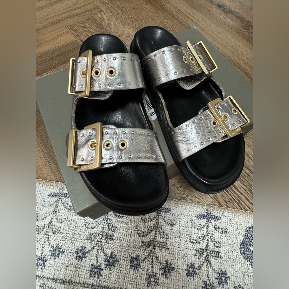 ALLSAINTS Magda Metallic Double Buckle Sandals NIB - Picture 2 of 9